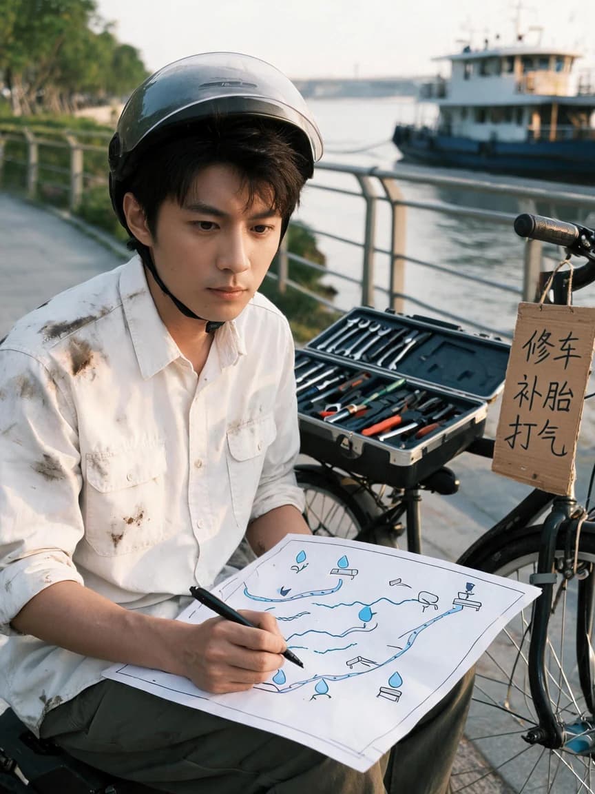 Gu Mingche，Owner of a Mobile Bicycle Repair Stall Along the River