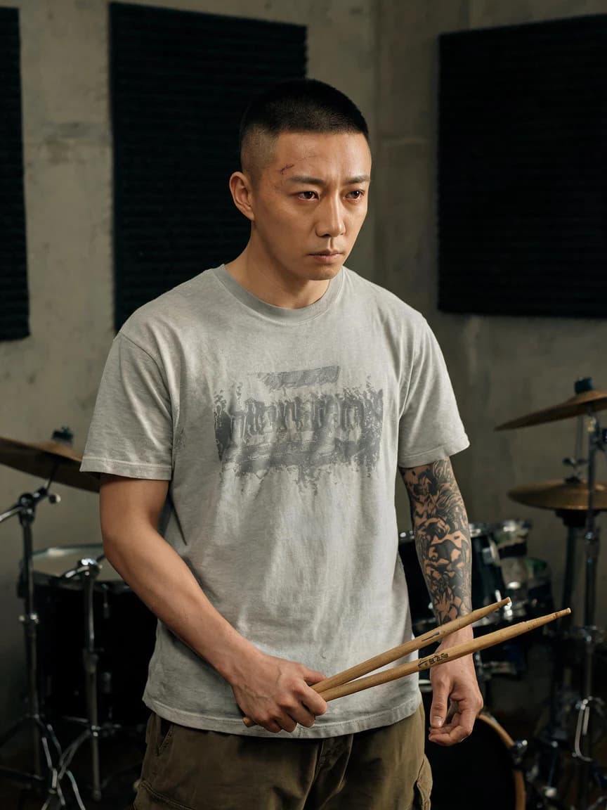 Chen Yanbei，Novelist who used to be a rock musician; goes to the rehearsal room to drum when he can't write