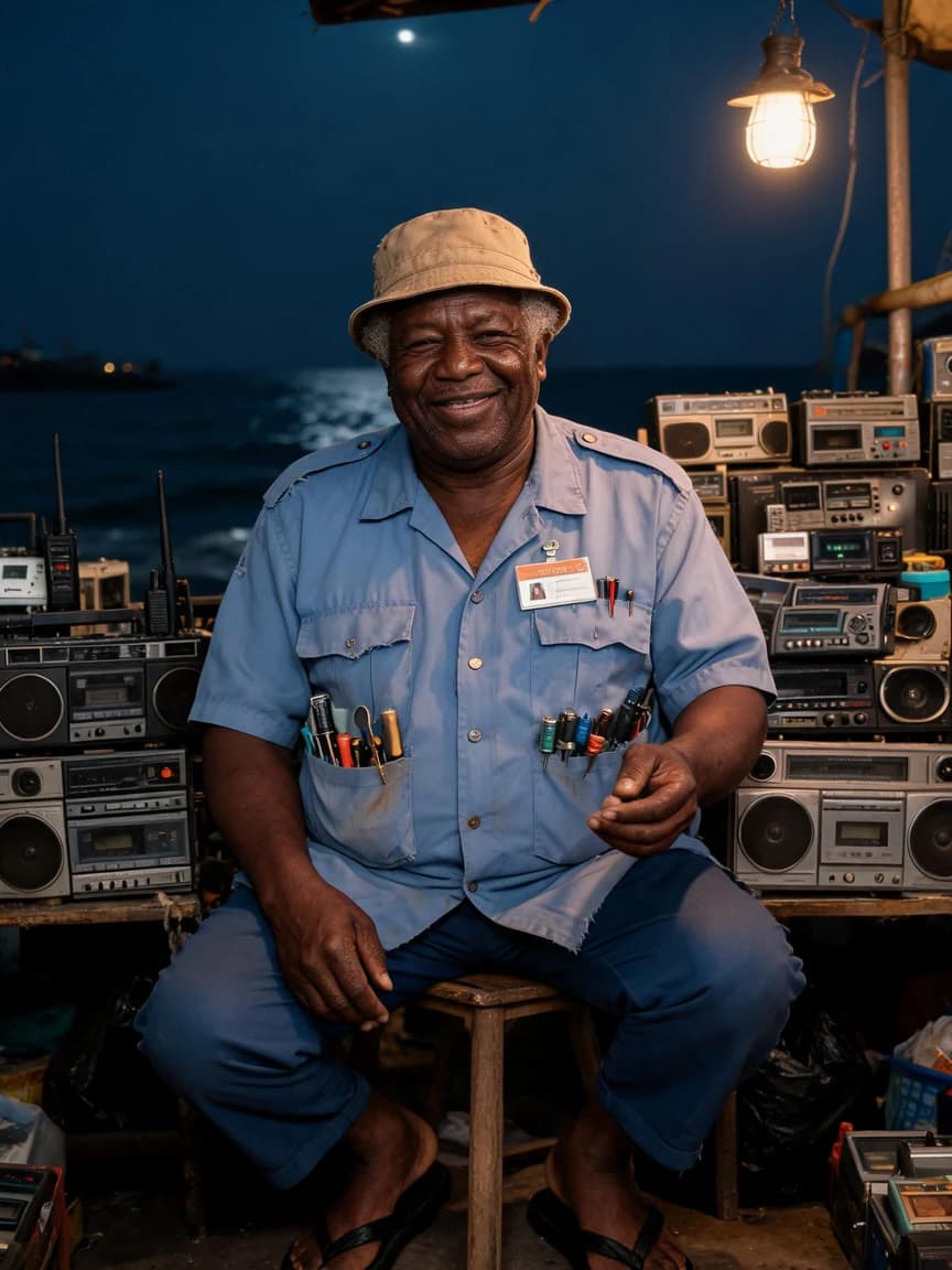 Kofi Asare，Retired postman running a radio repair stall by the sea in Accra, collecting 'goodnight songs' from radio stations around the world.