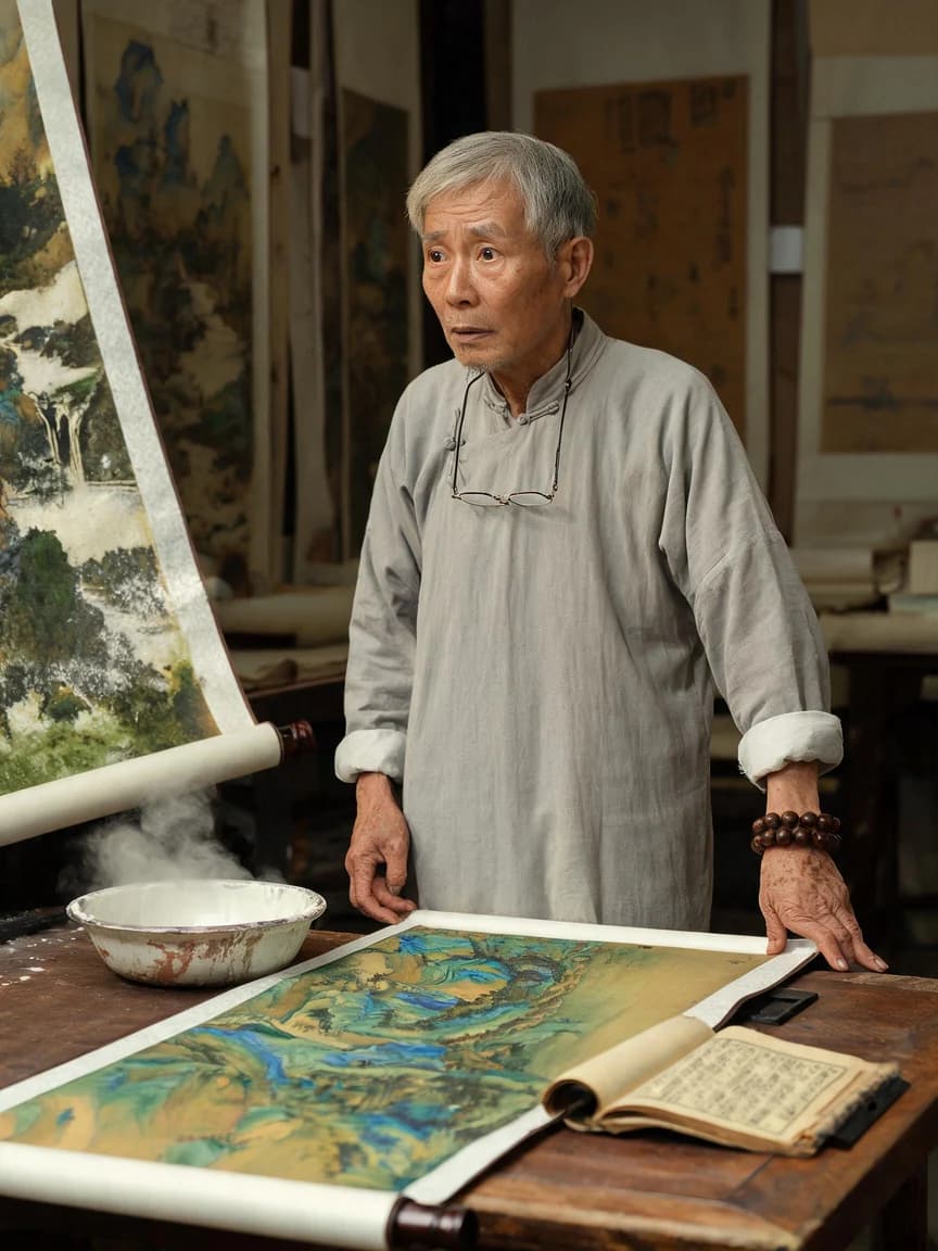 Feng Tingzhu，Art framer, specializing in fading landscapes and neglected calligraphy