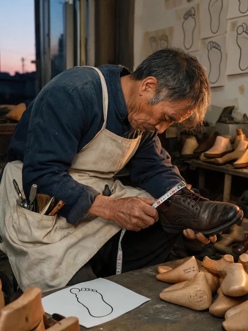 Chi Shouyan，Artisan making shoe lasts for old leather shoes, measuring every foot in the city with his hands