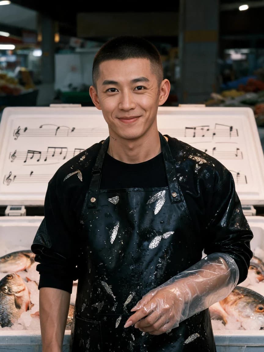 Ruan Bozhou，Fishmonger selling fish at the market while writing musical theater scripts
