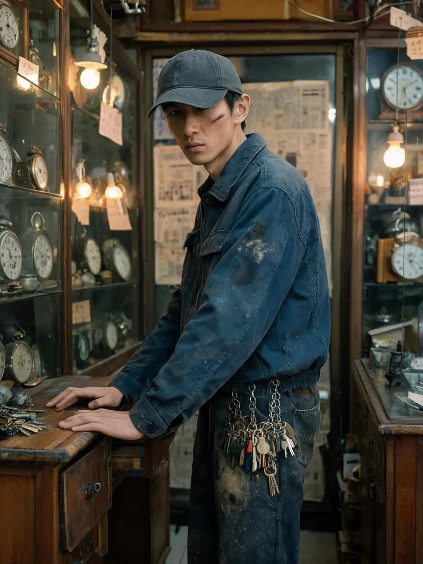 Xie Tinglan，An antique clock repairman who collects old clocks in a flea market corner; he repairs time itself.